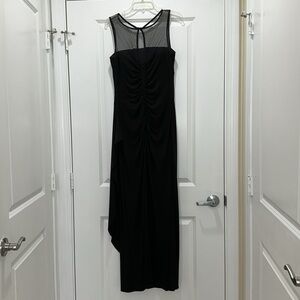 Sheer mesh top formal gown, flattering ruched back